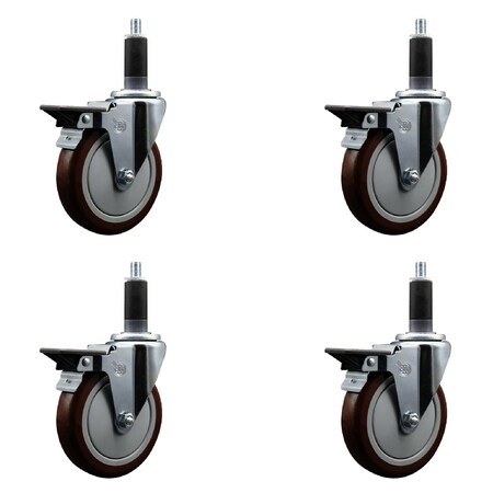 Service Caster 5'' Maroon Poly Swivel 1-1/8'' Expanding Stem Caster Set with Brake, 4PK SCC-EX20S514-PPUB-MRN-PLB-118-4